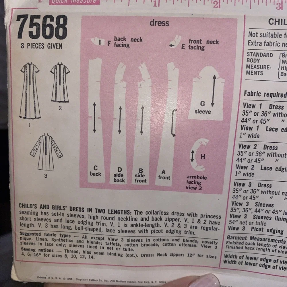 1968 Vintage Simplicity Sewing Pattern Girls Collarless Dress 7568 SZ 8 Cut